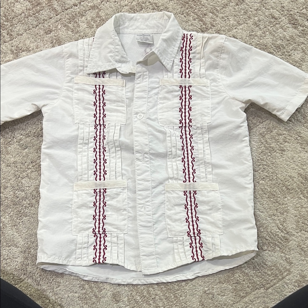 Blue Quail Boys White/Maroon Embroidered Short-Sleeve Guayabera Shirt